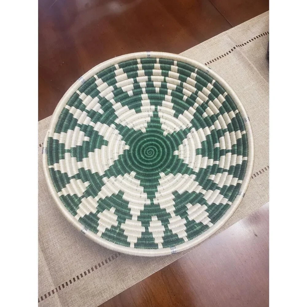 AFRICAN WALL BASKET Hand Woven Rwanda Bowl Green Cream